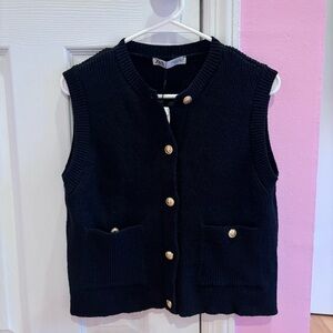 Zara Black Knit Vest with Gold Buttons